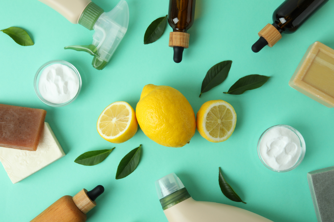 Cleaning Concept with Eco Friendly Cleaning Tools and Lemons on